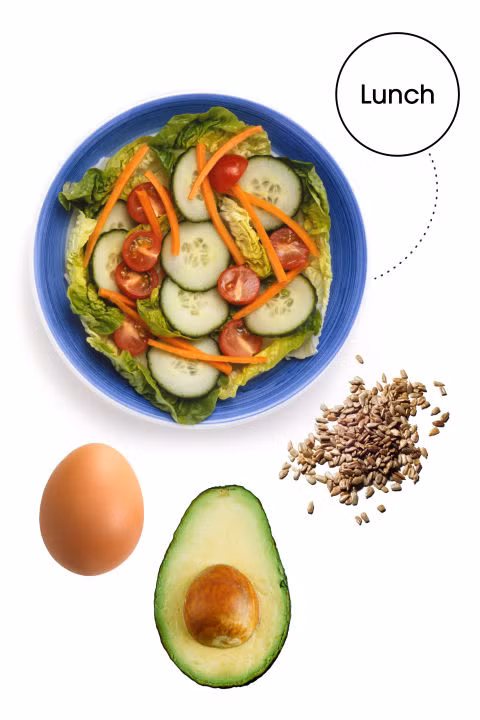 Thực đơn bữa trưa: 2 chén rau xà lách với dưa chuột thái lát, 10 quả cà chua bi, 1/4 củ cà rốt thái dọc, 1/2 quả bơ, 1 quả trứng luộc chín, 1 muỗng canh hạt hướng dương, dấm... Thực đơn giảm cân nhanh từ những thực phẩm lành mạnh này giúp bạn no mà không lo tăng cân.