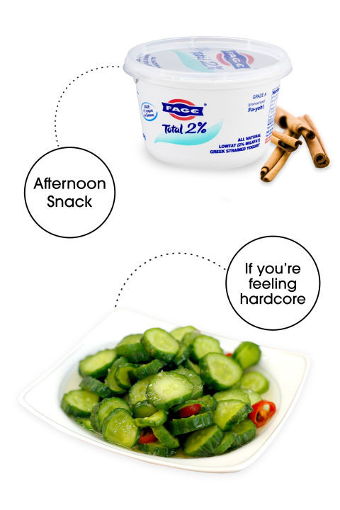 Thực đơn ăn nhẹ bữa chiều: 1 hộp sữa chua, 1 thìa cà phê bột quế (hoặc 1 chén dưa chuột thái lát ngang với 1 muỗng canh giấm gạo, 1 muỗng cà phê dầu thì là). Sữa chua kết hợp với bột quế giúp bạn giảm căng thẳng, tăng cường năng lượng cho buổi chiều bận rộn. Mặt khác, nó cũng cung cấp protein lành mạnh để giữ cho cơ thể no đủ cho đến bữa tối. Ngoài ra, bạn cũng có thể lựa chọn salad dưa chuột với giấm và dầu thì là.