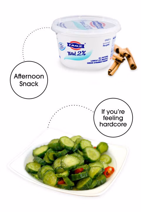 Thực đơn ăn nhẹ bữa chiều: 1 hộp sữa chua, 1 thìa cà phê bột quế (hoặc 1 chén dưa chuột thái lát ngang với 1 muỗng canh giấm gạo, 1 muỗng cà phê dầu thì là). Sữa chua kết hợp với bột quế giúp bạn giảm căng thẳng, tăng cường năng lượng cho buổi chiều bận rộn. Mặt khác, nó cũng cung cấp protein lành mạnh để giữ cho cơ thể no đủ cho đến bữa tối. Ngoài ra, bạn cũng có thể lựa chọn salad dưa chuột với giấm và dầu thì là.