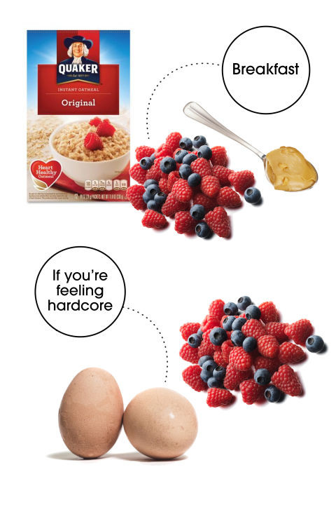 Thực đơn bữa sáng: 1 gói bột yến mạch, 1 cốc hoa quả mọng, 2 muỗng cà phê bơ đậu phộng (hoặc 2 quả trứng luộc và 1 cốc dâu tây). Yến mạch là thực phẩm giàu chất xơ giúp bạn no lâu và hạn chế cơn thèm ăn. Quả mọng giúp cung cấp vitamin C cho cơ thể. Bơ đậu phộng cung cấp chất béo lành mạnh và giữ năng lượng cho cơ thể. Bạn nên áp dụng thực đơn giảm béo bụng cho bữa sáng này ngay từ bây giờ nhé.