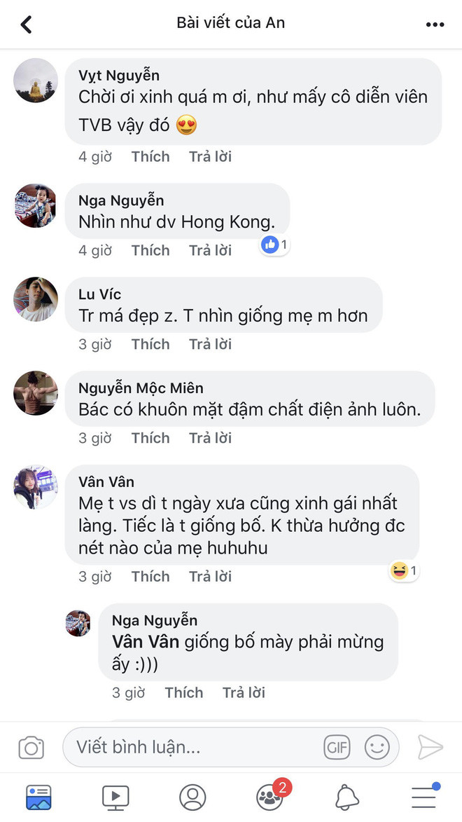 "Vào cái thời mà chưa có máy ảnh xịn, chưa có photoshop và cả app chỉnh hình ảo diệu mà mẹ bạn đã xinh đẹp nổi bật, lôi cuốn như diễn viên hongkong thế này sao?". "Mẹ bạn sở hữu khuôn mặt xinh đẹp sắc sảo với thần thái sang chảnh ngút ngàn. Ngày xưa mà có mạng xã hội thì chắc chắn cô sẽ nhận "bão like" và trở thành hotgirl đình đám vì những tấm ảnh xuất sắc thế này mất!"