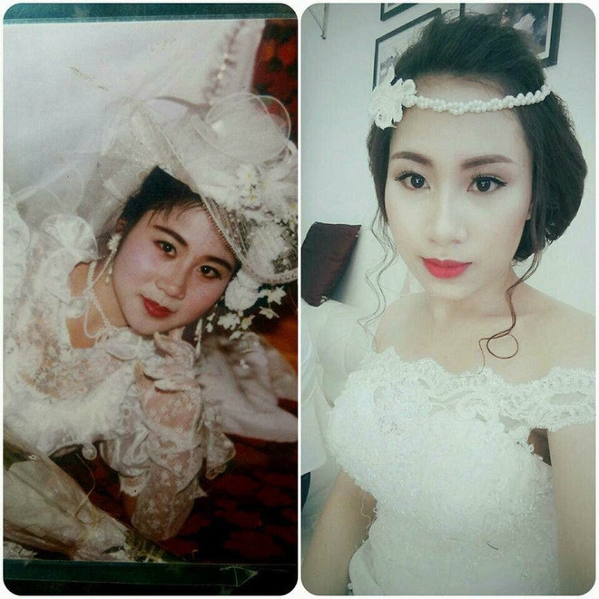 Cô gái Phương Linh ghép ảnh chính mình và mẹ khi làm cô dâu.