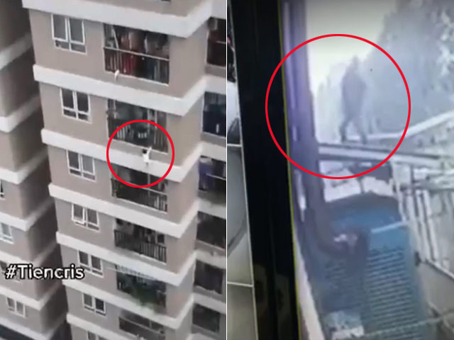 Đúng thời điểm này, anh Nguyễn Ngọc Mạnh (31 tuổi, ở Đông Anh, TP Hà Nội) đang có mặt gần đó đã vội trèo lên mái tôn cách mặt đất 2 m ở sân tòa nhà. Khi bé gái rơi xuống, anh đã giơ tay đỡ để bé không rơi xuống đất. (Ảnh: Người lao động)