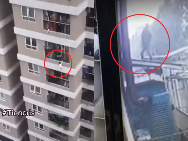 Đúng thời điểm này, anh Nguyễn Ngọc Mạnh (31 tuổi, ở Đông Anh, TP Hà Nội) đang có mặt gần đó đã vội trèo lên mái tôn cách mặt đất 2 m ở sân tòa nhà. Khi bé gái rơi xuống, anh đã giơ tay đỡ để bé không rơi xuống đất. (Ảnh: Người lao động)