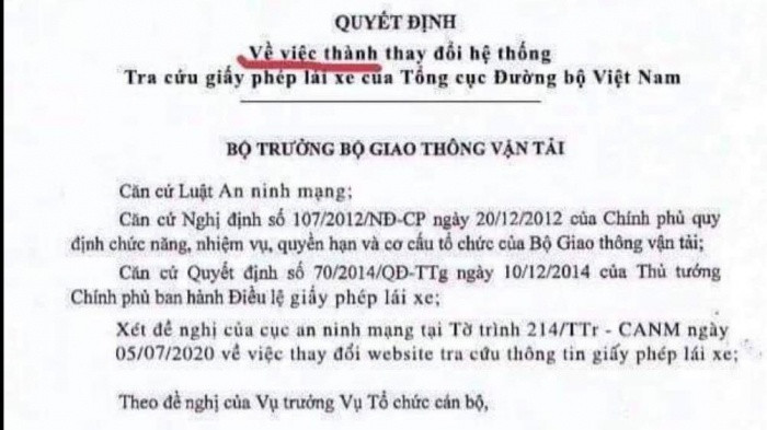 Quyet dinh thay doi he thong tra cuu GPLX la van ban gia mao