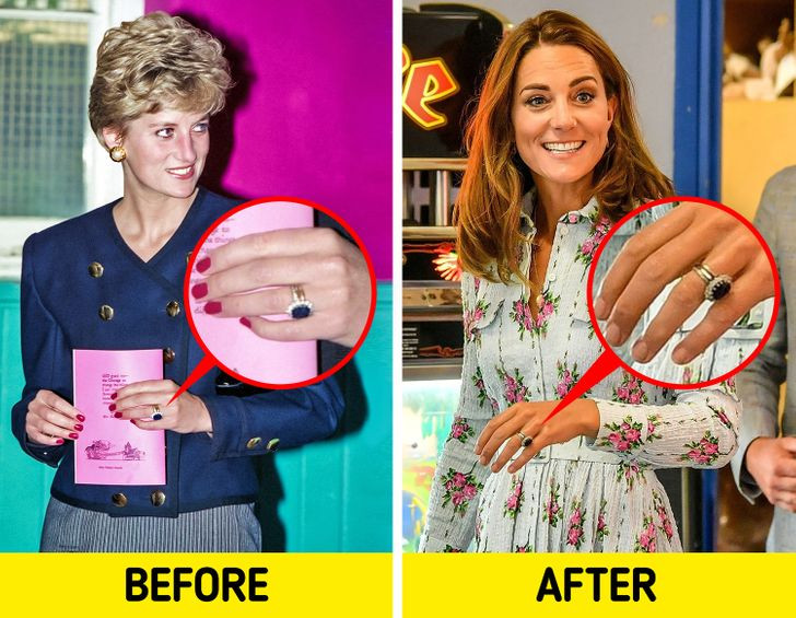 Trong số những món trang sức nổi tiếng nhất của lịch sử hoàng gia Anh, đáng chú ý là chiếc nhẫn đính hôn đính đá sapphire Ceylon 12 cara hình oval của Công nương Diana. Chiếc nhẫn được bao quanh bởi vàng trắng và 14 viên kim cương. Hiện tại chiếc nhẫn đính hôn của Công nương Diana thuộc về vợ Hoàng tử William - Kate Middleton.