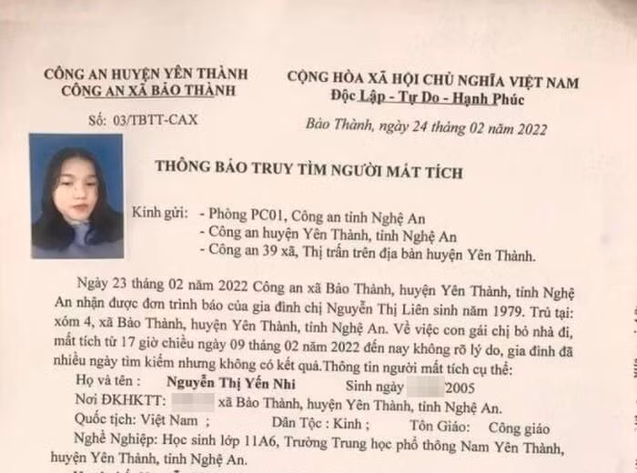  Nữ sinh lớp 11 ở Nghệ An mất tích sau khi bỏ nhà đi: Ngày 24/2, Công an xã Bảo Thành (huyện Yên Thành, Nghệ An) đã phát đi thông báo truy tìm người mất tích đối với Nguyễn Thị Yến Nhi (SN 2005, trú xã Bảo Thành). Nữ sinh này cao khoảng 1m55, tóc đen, dài ngang vai, khi đi mặc áo khoác màu đen sọc trắng, quần bò màu đen, không mang theo tư trang và giấy tờ cá nhân.
