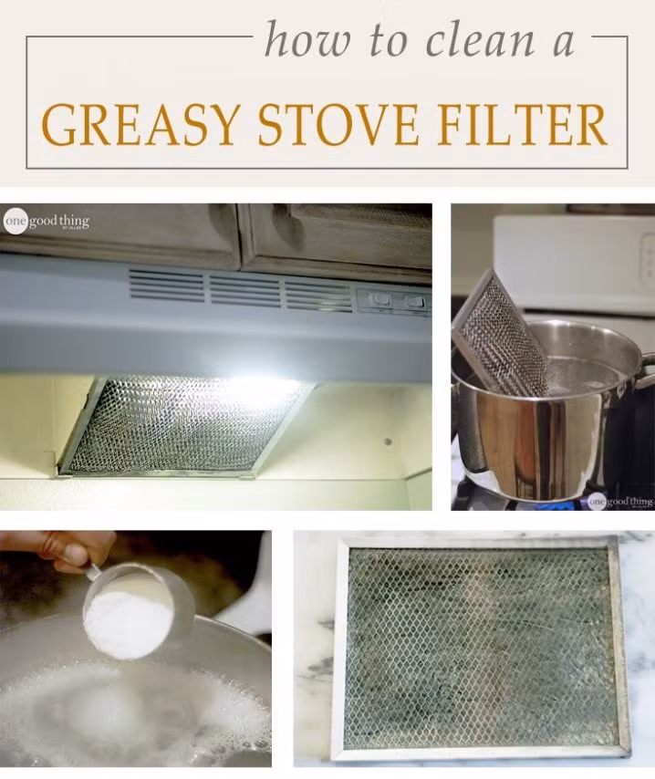 Vệ sinh máy hút mùi bếp là một việc làm cần thiết, góp phần đảm bảo sức khỏe cho cả nhà. Tháo lưới lọc máy hút mùi ra cho vào nồi nước sôi cùng 1/2 chén baking soda. Mọi vết dầu mỡ bám trên mặt lưới sẽ biến mất.