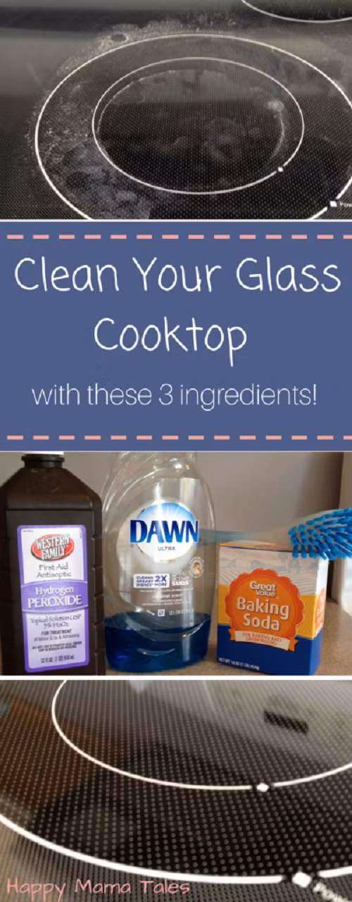 Với mặt kính trên bếp ga, bạn cần pha dung dịch gồm hydrogen peroxide, xà phòng, và baking soda. Có thể dùng bàn chải để chà sát cho sạch vết ố.