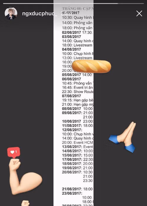 Trên trang cá nhân Intagram, Đức Phúc từng đăng tải lịch trình làm việc kín mít từ tháng 8 đến tháng 9 của mình khiến nhiều người không khỏi bất ngờ. Ảnh: Tin nhạc