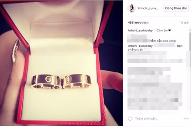 Bất chấp bị chỉ trích là người thứ ba, đầu tháng 3/2017, Linh Chi vẫn vô tư khoe nhẫn đôi được bạn trai tặng. Ảnh: FBNV
