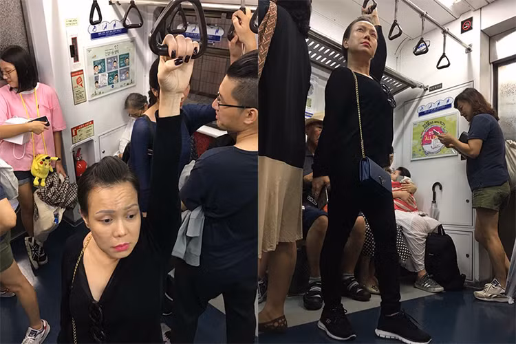 MC Trấn Thành khoe hình ảnh dìm hàng chiều cao của danh hài Việt Hương khi đi tàu điện ngầm ở Hàn Quốc.