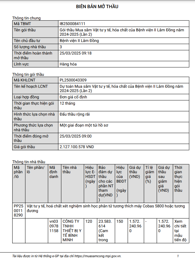 BV II Lam Dong: 3 nha thau tham gia goi vat tu y te hon 3 ty
