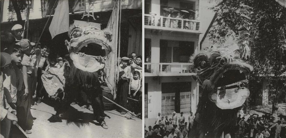 Trẻ em thích thú xem múa lân ngày Tết.