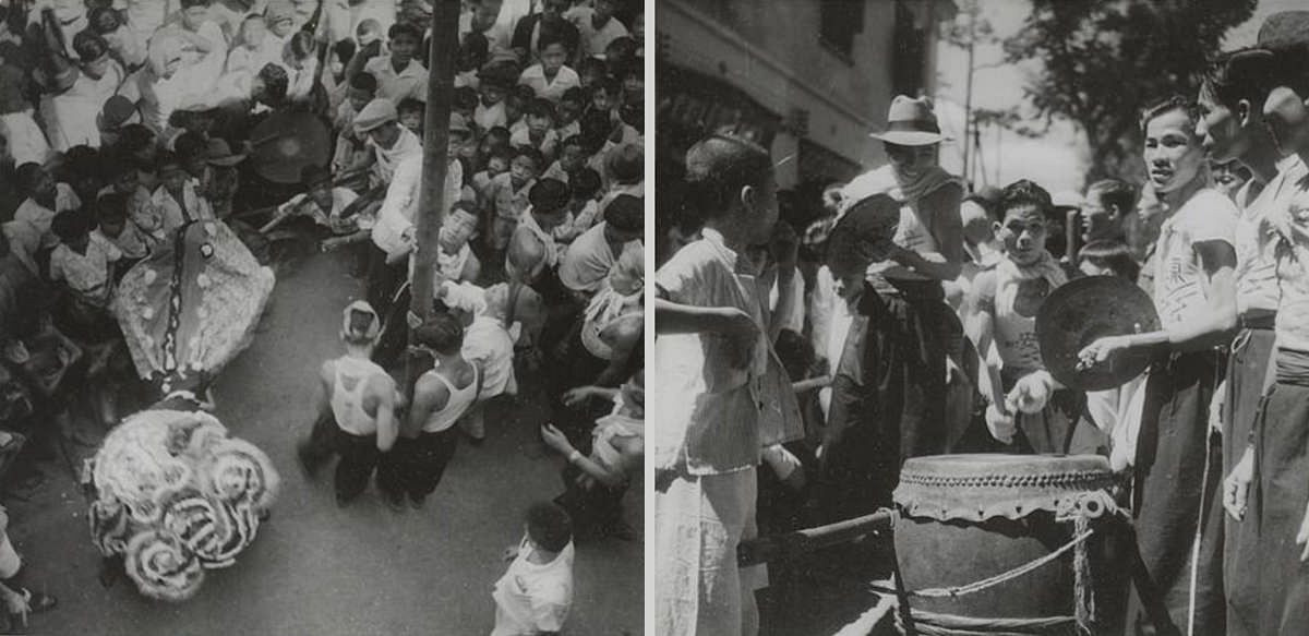 Dễ dàng nhận thấy qua những bức ảnh, không khí đón Tết ở Hà Nội trầm lắng hơn, còn ở Sài Gòn những năm 1940, người dân dường như đón Tết linh đình với nhiều hoạt động sôi nổi. Ảnh: Một nhóm thanh niên dựng cột chuẩn bị cho màn biểu diễn múa lân trên đường phố Sài Gòn ngày Tết những năm 1940-1949.