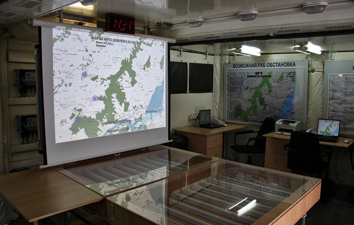 Phòng tham mưu di động của lực lượng phòng hoá Nga. Nguồn ảnh: TASS.