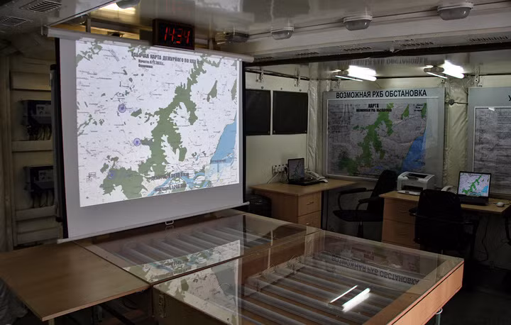 Phòng tham mưu di động của lực lượng phòng hoá Nga. Nguồn ảnh: TASS.