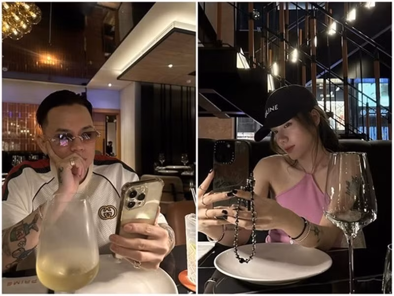 Tháng 6/2023, tin đồn hẹn hò của rapper Andree và Phương Ly rộ lên sau khi cả hai đăng tải hình ảnh ăn tối có bối cảnh khá giống nhau cũng như kính mắt của Andree có hình một cô gái mặc áo hồng, đội mũ đen giống Phương Ly. Ảnh: FBNV.