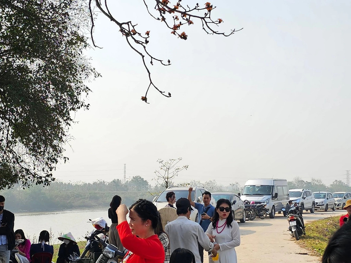 Xe cộ của khách du lịch đậu kín triền đê sông Thương.