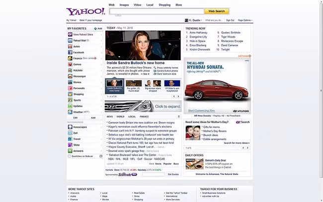 Trang Yahoo! năm 2010. Một trong những lý do cho sự thất bại của Yahoo! chính là sự chậm đổi mới.