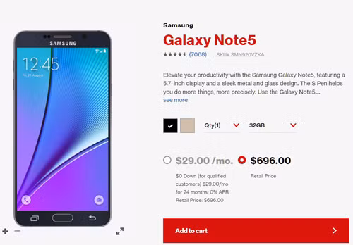 5. Galaxy Note 5 chậm giảm giá. Vào thời điểm này năm ngoái, Note 4 đã giảm giá tới gần một nửa. Trong khi đó, năm nay, tại nhà mạng Verizon, Note 5 vẫn có giá khá “ngất ngưởng” - 768 USD ( khoảng 17 triệu đồng). Ngoài ra, tại các nhà bán lẻ bên thứ ba, mẫu Note 5 cũ vẫn được bán với giá trên ngưỡng 500 USD – chỉ giảm đi 1/3 so với giá ban đầu.