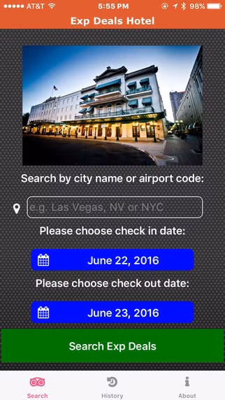 6. EXP Deals Hotel. Hiện tại ứng dụng được tải về miễn phí, giá thông thường 4,99USD. Ứng dụng này giúp bạn tiết kiệm tiền khách sạn với tỷ lệ lên tới 70%. Cho dù bạn là một du khách dày dạn kinh nghiệm hay một người không chuyên, bạn có thể tìm ra chính xác tên của một khách sạn đang được giảm giá thông qua ứng dụng này. Điều này được cung cấp bởi một số các trang web như Priceline, tuy nhiên "luật chơi" là người tiêu dùng sẽ không được biết tên khách sạn mà họ đặt phòng cho đến khi họ hoàn tất việc giao dịch.