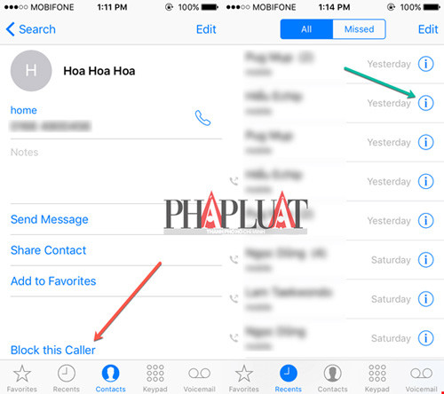 Chặn các số điện thoại lạ, quấy rối trên iPhone. Ảnh: M.HOÀNG.