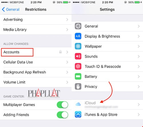 Tài khoản iCloud sẽ bị mờ đi sau khi kích hoạt. Ảnh: M.HOÀNG