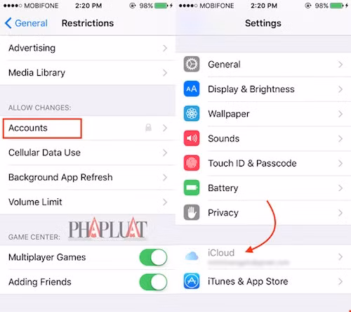 Tài khoản iCloud sẽ bị mờ đi sau khi kích hoạt. Ảnh: M.HOÀNG