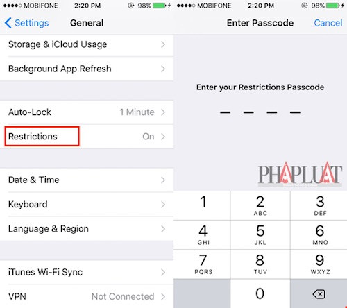 Kích hoạt tính năng Restrictions để bảo vệ tài khoản iCloud. Ảnh: M.HOÀNG
