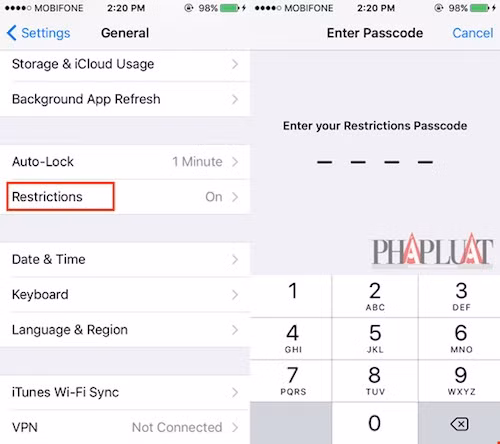 Kích hoạt tính năng Restrictions để bảo vệ tài khoản iCloud. Ảnh: M.HOÀNG