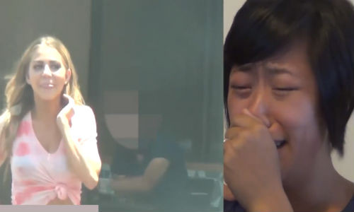 Người vợ vô cùng đau đớn khi chồng mình ngã vào lòng cô gái lạ. Ảnh cắt từ clip.