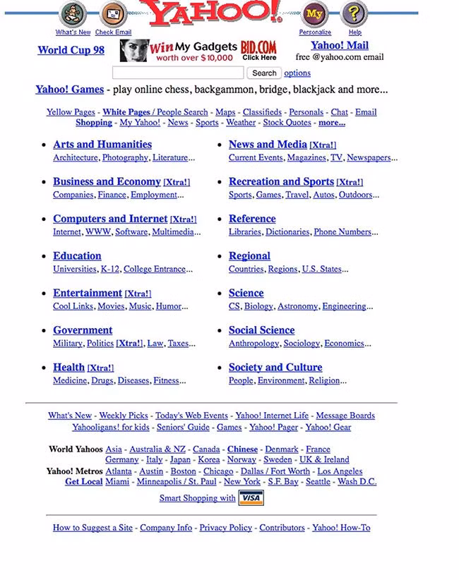 Trang Yahoo! năm 1998. Các dịch vụ được biết đến nhiều nhất của Yahoo! là tạo nhật ký cá nhân, chat và tin tức.