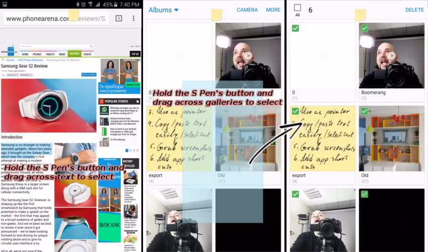 3. Dùng như chuột máy tính. Chức năng trỏ chuột của bút S Pen cũng giống như chuột máy tính. Khi đang lướt web, bạn có thể mở menu sổ xuống bằng cách đặt bút lên phía trên màn hình. Bạn còn nhấn mạnh các văn bản hay nội dung trong thư viện bằng cách giữ bút bấm trên bút và kéo rê chúng giống như thao tác bấm chuột trái và kéo chuột.