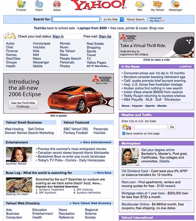 Trang Yahoo! năm 2005. Ngoài dịch vụ chat, tạo trang nhật ký cá nhân và tin tức, Yahoo! còn có hàng loạt dịch vụ khác như dự báo thời tiết, email, game,... 