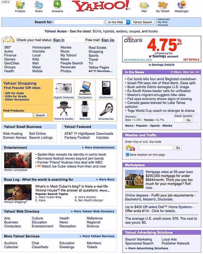 Trang Yahoo! năm 2006. Giao diện của Yahoo! thay đổi qua từng năm.