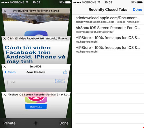 Mở nhanh các thẻ đã đóng trên Safari. Ảnh: MINH HOÀNG.