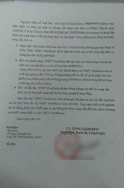 Công văn Vinaphone phúc đáp báo điện tử Kiến Thức về việc khách hàng khiếu nại dịch vụ 7987.