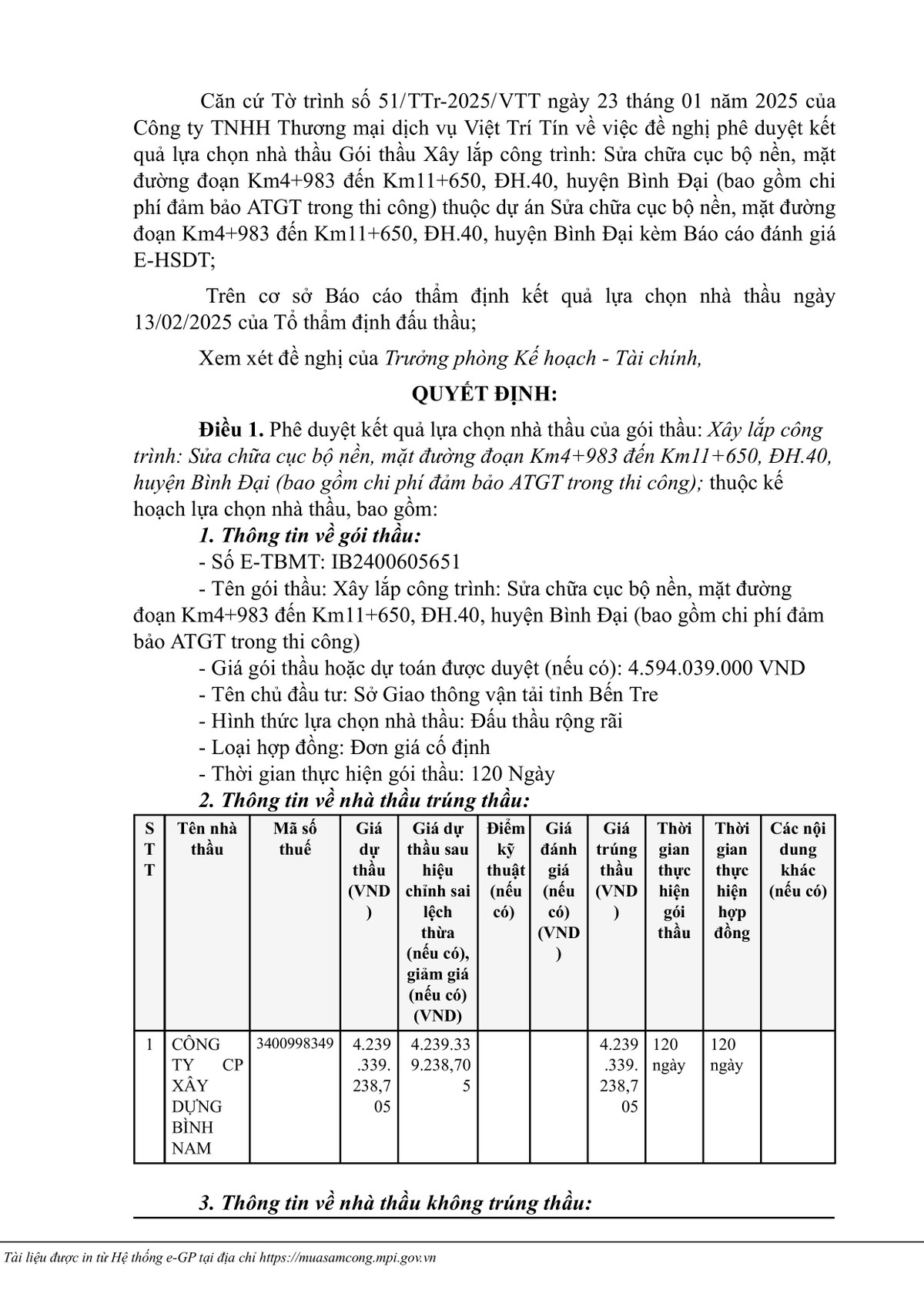 Bến Tre: Công ty Bình Nam trúng gói thầu sửa chữa đường tại Bình Đại Ben Tre: Cong ty Binh Nam trung goi thau sua chua duong tai Binh Dai