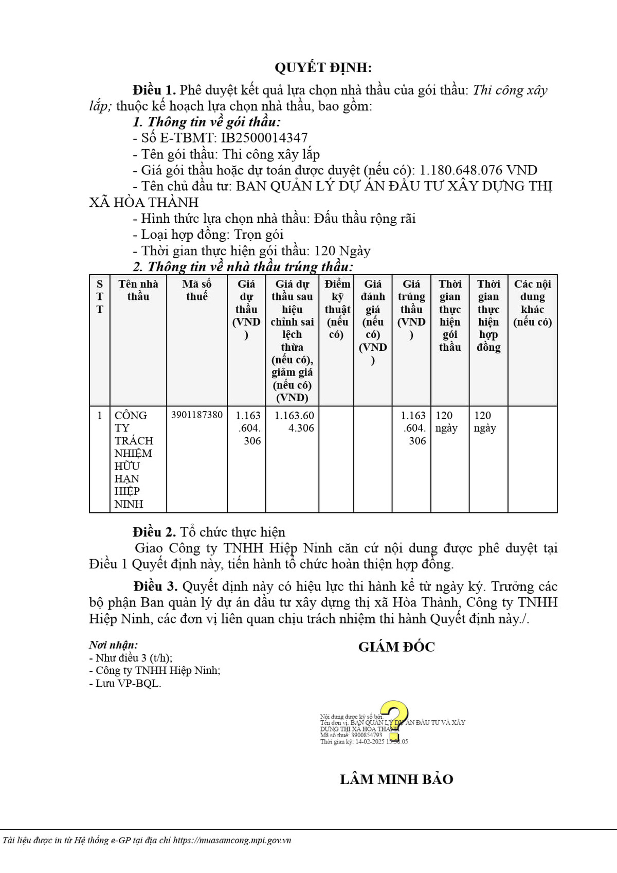 Tay Ninh: 2 goi thau lam duong ve tay Cong ty Hiep Ninh