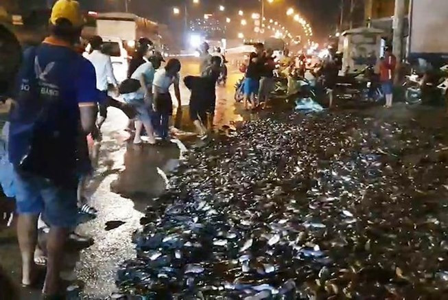 Gan 3 tan ca ro bo lon nhon tren quoc lo do xe tai lat ngang