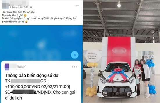 Mạng xã hội mấy ngày gần đây xuất hiện hình ảnh một cô dâu nhận được quà cưới bằng vàng, đeo nặng cả cổ khiến nhiều người không khỏi ngưỡng mộ. Được biết, đây là đám cưới ở Lạng Sơn vừa tổ chức vào hai ngày 27-28/3 vừa qua. Nàng dâu mới này còn khiến nhiều người choáng ngợp hơn về cuộc sống xa hoa khi cô chia sẻ hình ảnh được mẹ "thưởng nóng" 100 triệu đồng với nội dung: “Cho con gái đi du lịch”. Không những vậy, trước đó, cô này đã được “thưởng” một chiếc xe hơi "hoành tráng" trong ngày tốt nghiệp đại học Ngoại thương.