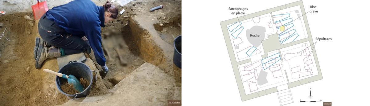 Quan tài có niên đại thời Merovingian được tìm thấy ở những nơi khác thỉnh thoảng được khắc trang trí và thường chôn vài người cùng với nhau. Tuy nhiên, phần lớn các quan tài mới được tìm thấy không được trang trí và mỗi cỗ quan tài chỉ chứa thi hài của một người.