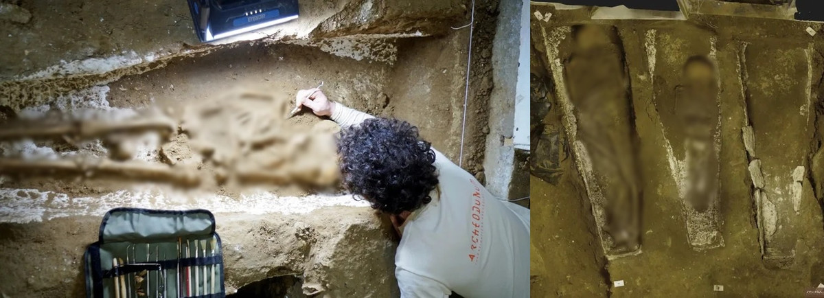 Hầu hết các ngôi mộ mới khai quật được sắp xếp thành hàng song song. Các thi hài được chôn cất trong tư thế nằm ngửa trong các hòm gỗ đã bị mục nát. Thế nhưng, 10 thi hài chôn trong các mộ thời kỳ Merovingian của người Frank được đặt trong các cỗ quan tài thạch cao đặc biệt và xếp thành hình quạt.