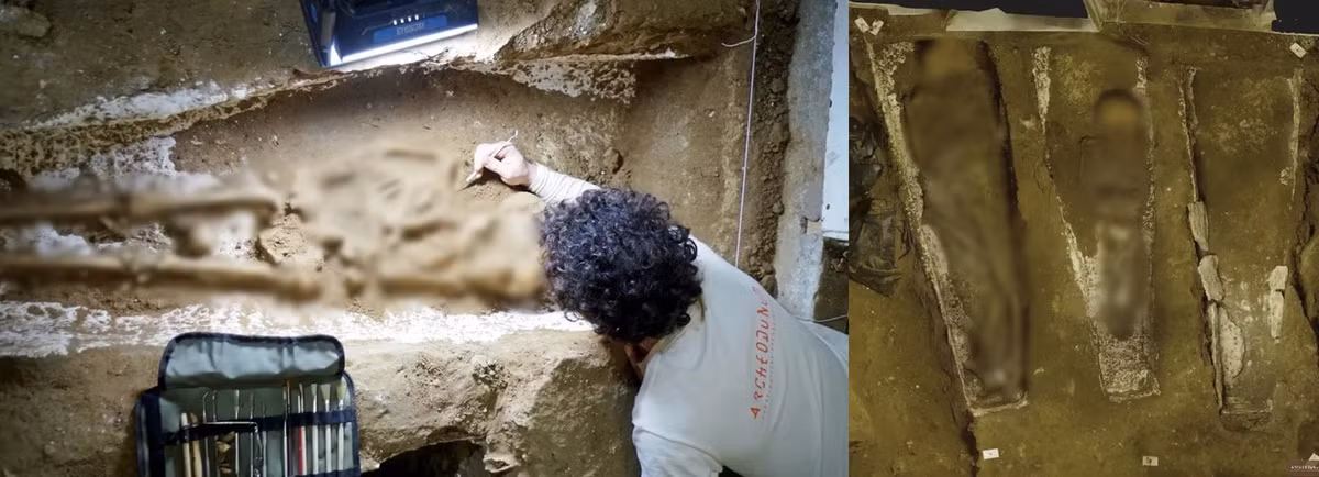 Hầu hết các ngôi mộ mới khai quật được sắp xếp thành hàng song song. Các thi hài được chôn cất trong tư thế nằm ngửa trong các hòm gỗ đã bị mục nát. Thế nhưng, 10 thi hài chôn trong các mộ thời kỳ Merovingian của người Frank được đặt trong các cỗ quan tài thạch cao đặc biệt và xếp thành hình quạt.