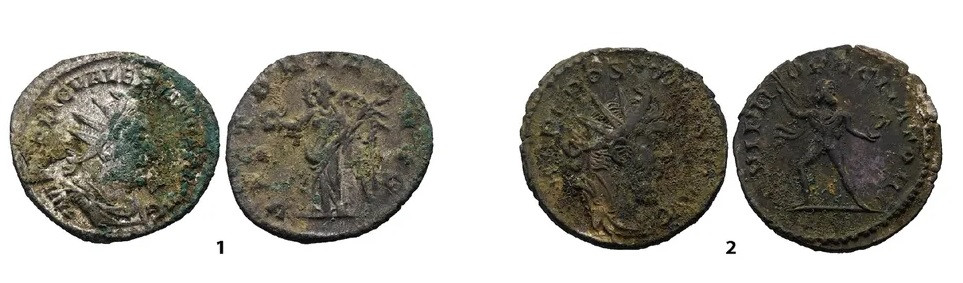 Những đồng tiền cổ nhất có khắc chân dung hoàng đế La Mã Gordianus III (trị vì từ năm 238 - 244). Trong khi đó, những đồng tiền "nhỏ tuổi" hơn khắc họa chân dung hoàng đế Victorinus của đế quốc Gallia (trị vì từ năm 269 - 271). Các nhà khảo cổ hiện chưa rõ các mảnh bạc được tìm thấy từng được sử dụng làm gì.