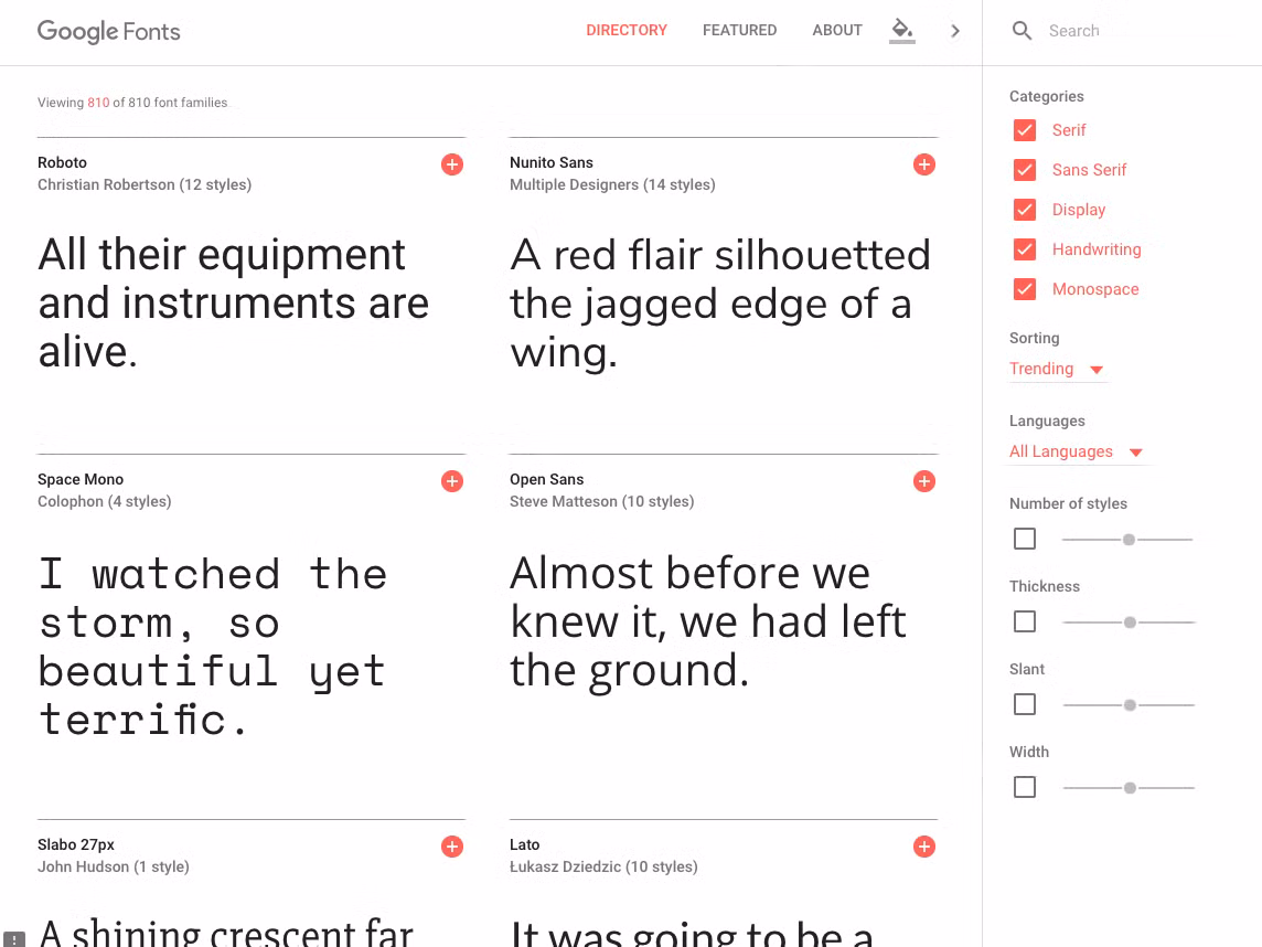 Bạn có thể chọn font chữ phù hợp với nhu cầu sử dụng khi truy cập vào địa chỉ Google.com/fonts. Hơn 700 bộ font chữ với nhiều tùy chỉnh về kiểu dáng, kích thước cho bạn thỏa sức lựa chọn.