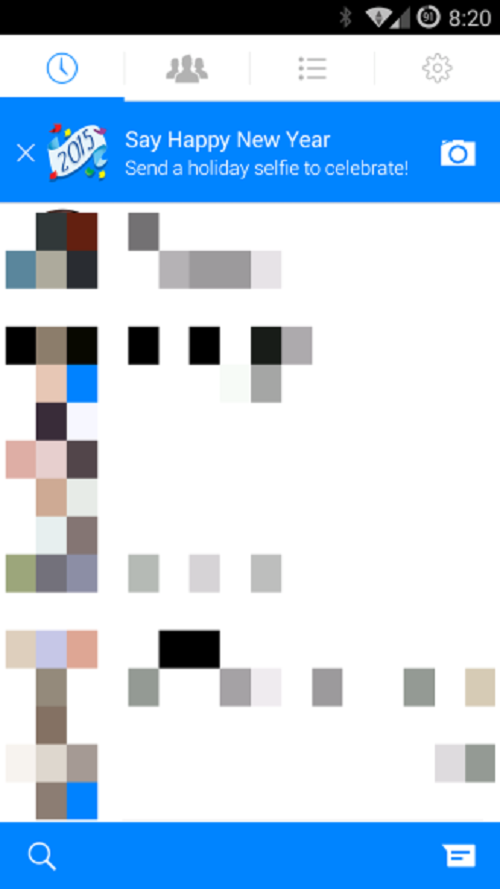 Để chào đón năm mới 2015, ứng dụng Facebook Messenger trên smartphone đề nghị người dùng gửi ảnh selfie hoặc chụp một bức ảnh đẹp trong ngày. Ảnh: Androidpolice.