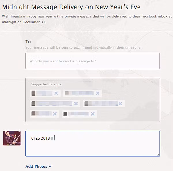 Facebook lập trình sẵn để bạn có thể chọn danh sách những người bạn cần gửi tin nhắn mừng năm mới cũng như nội dung tin nhắn. Bạn cũng có thể đăng tải cả hình ảnh để nội dung thêm sinh động. Ảnh: Megafun.