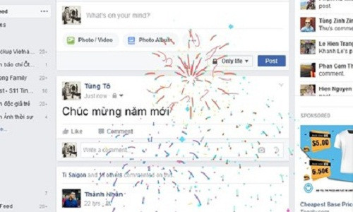 Những ngày cuối cùng của năm 2016, ông trùm mạng xã hội Facebook đã ra mắt tính năng chào năm mới bắn pháo hoa khi người dùng đăng trạng thái "Chúc mừng năm mới". Ảnh: Tiền phong.